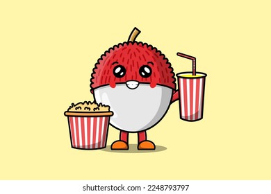 Cute cartoon Lychee with popcorn and drink ready to watching film in cinema