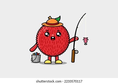 Cute cartoon Lychee ready fishing character illustration wearing fishing equipment
