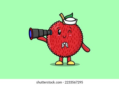 Cute cartoon Lychee sailor with hat and using binocular cute modern style design