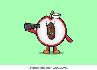 Cute cartoon Lychee sailor with hat and using binocular cute modern style design