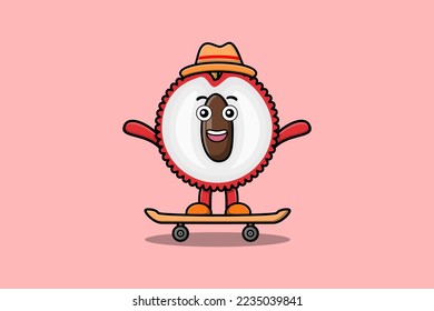 cute cartoon Lychee standing on skateboard with cartoon vector illustration style