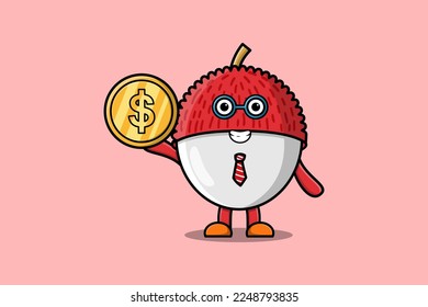 Cute cartoon Lychee successful businessman holding gold coin illustration