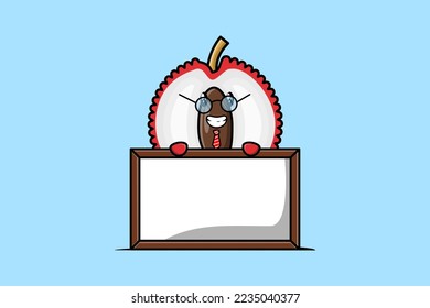 Cute cartoon Lychee teacher character with big whiteboard in flat cartoon style concept