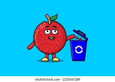 Cute cartoon Lychee throwing trash in the trash in flat modern style design illustration