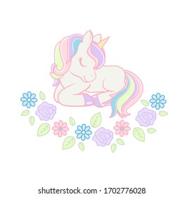 Cute Cartoon Lying down Unicorn with flowers. Vector illustration
