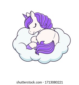 Cute Cartoon Lying down Unicorn on the cloud. Vector illustration