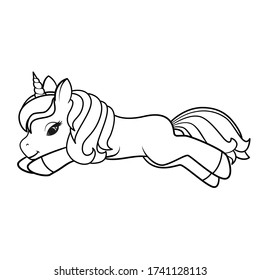 Cute Cartoon  Lying down Unicorn isolated on white background. Vector illustration for coloring books