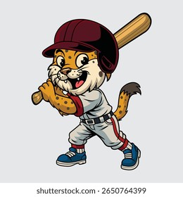 Cute cartoon lynx in baseball outfit holding a bat in character illustration