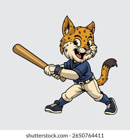 Cute cartoon Lynx in a baseball uniform holding a bat character illustration