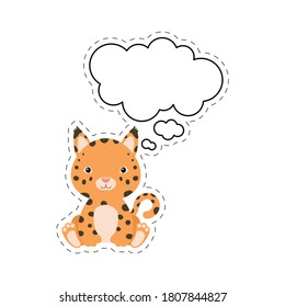 Linx de dibujos animados con pegatina de burbujas de voz. Carácter kawaii sobre fondo blanco. Caricatura sentada en el clipart de la postal animal para el cumpleaños, la ducha de bebé, fiesta. Ilustración de material vectorial.