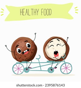 Cute cartoon macadamia nut characters. Flat vector illustration, cheerful nut.
