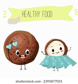 Cute cartoon macadamia nut characters. Flat vector illustration, cheerful nut.