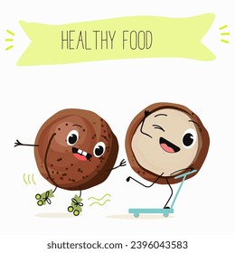Cute cartoon macadamia nut characters. Flat vector illustration, cheerful nut.