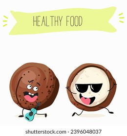 Cute cartoon macadamia nut characters. Flat vector illustration, cheerful nut.