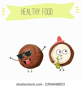 Cute cartoon macadamia nut characters. Flat vector illustration, cheerful nut.