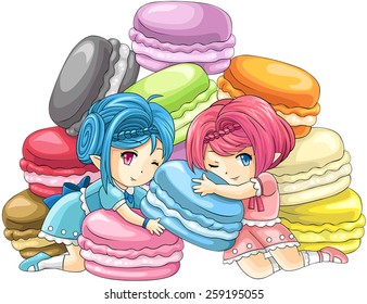 Cute cartoon macaron nymphs, the goddess of candy with pile of colorful macarons in the background, create by vector 