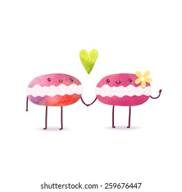 Cute cartoon macaroon couple. Macaron vector illustration.