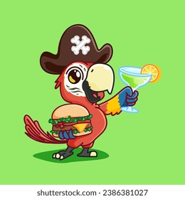 caricatura linda mascota de aves de macaw sostiene hamburguesa y cóctel usan sombrero pirata.adorable ilustración de mascota de dibujos animados