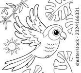 Cute cartoon macaw parrot. Black and white linear drawing. For children's design of coloring books, prints, posters, stickers, postcards and so on. Vector