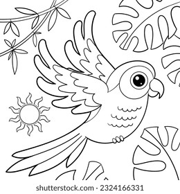 Cute cartoon macaw parrot. Black and white linear drawing. For children's design of coloring books, prints, posters, stickers, postcards and so on. Vector