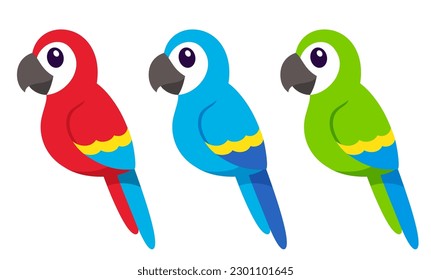 Dibujo de loros de macao de dibujos animados. Pájaros tropicales rojos, azules y verdes. Icono simple de vector plano.