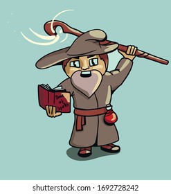 Cute cartoon mage character on blue background