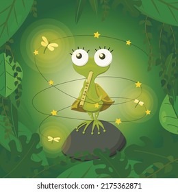 Cute cartoon magic frog - musician. Kawaii animal character in forest. spying on the action of the magic sopilka. Vector illustration for nursery, banner and poster prints.