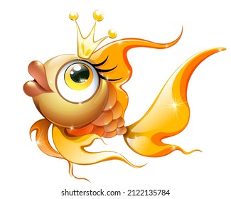 Cute Cartoon Magic Gold Fish With Crown, Isolated On White Background.