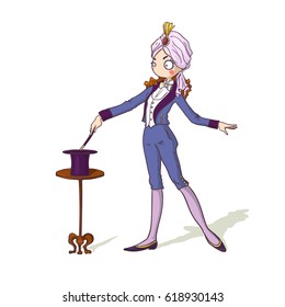 Cute cartoon magic master illusionist woman with magic stick