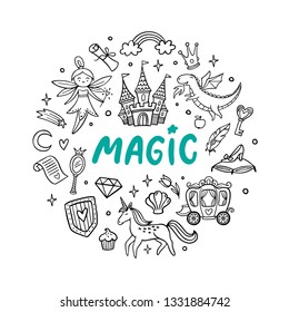 Cute cartoon magic objects. Fairy tale castle, dragon, unicorn, fairy and other elements. Doodle Vector Illustration. Good for a sticker, indie game, greeting card, badges or coloring page.