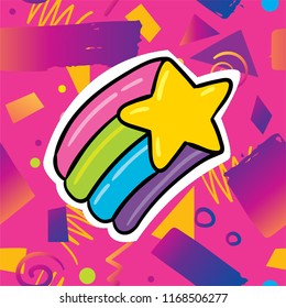 Cute cartoon magic rainbow star illustration print design with bright pink hipster trendy gradient background. Sticker patch badge illustration