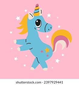 Cute cartoon magic unicorn on a pink background. Vector design. Hand drawing illustration for children.