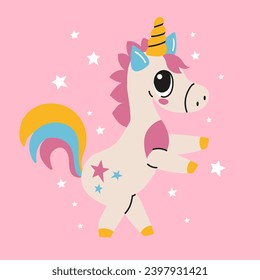 Cute cartoon magic unicorn on a pink background. Vector design. Hand drawing illustration for children.