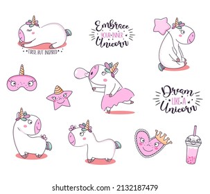 Cute cartoon magic unicorns collection. Vector illustration.