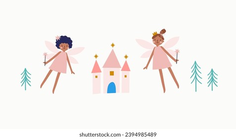 Cute Cartoon Magical Fairy in Magical World. Awesome print for kids