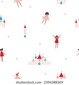 Cute Cartoon Magical Fairy in Magical World. Awesome print for kids. Seamless pattern