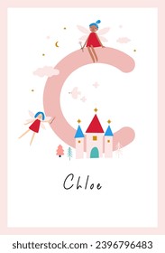 Cute Cartoon Magical Little Fairy in Magical World. Awesome Baby Name Print with Fairy, Birds, Cactle. Kids Name Poster for Toddlers, Nursery Room Decor in Flat Style. Letter - C