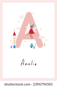 Cute Cartoon Magical Little Fairy in Magical World. Awesome Baby Name Print with Fairy, Birds, Cactle. Kids Name Poster for Toddlers, Nursery Room Decor in Flat Style. Letter - A