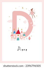 Cute Cartoon Magical Little Fairy in Magical World. Awesome Baby Name Print with Fairy, Birds, Cactle. Kids Name Poster for Toddlers, Nursery Room Decor in Flat Style. Letter - D