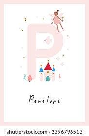 Cute Cartoon Magical Little Fairy in Magical World. Awesome Baby Name Print with Fairy, Birds, Cactle. Kids Name Poster for Toddlers, Nursery Room Decor in Flat Style. Letter - P