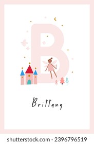 Cute Cartoon Magical Little Fairy in Magical World. Awesome Baby Name Print with Fairy, Birds, Cactle. Kids Name Poster for Toddlers, Nursery Room Decor in Flat Style. Letter - B