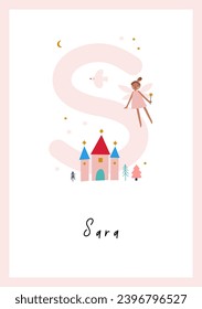 Cute Cartoon Magical Little Fairy in Magical World. Awesome Baby Name Print with Fairy, Birds, Cactle. Kids Name Poster for Toddlers, Nursery Room Decor in Flat Style. Letter - S