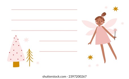 Cute Cartoon Magical Little Fairy in Magical World. Awesome Print with Fairy. Christmas Gift tag