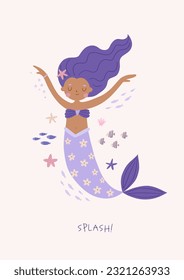 Cute cartoon magical mermaid. Adorable fairytale, mythological underwater princesses. Flat cartoon colorful vector illustration.