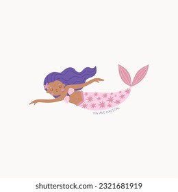 Cute cartoon magical mermaid. Adorable fairytale, mythological underwater princesses. Flat cartoon colorful vector illustration.