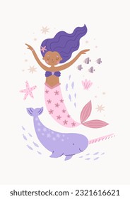 Cute cartoon magical mermaid and narwhal. Adorable fairytale, mythological underwater princesses. Flat cartoon colorful vector illustration.