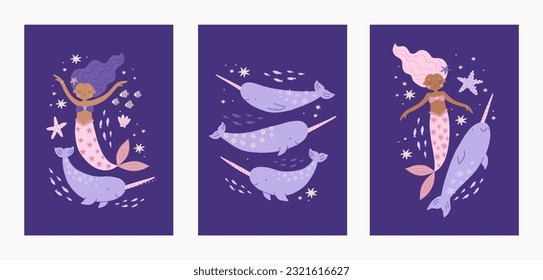 Caricatura mágica de sirena y narblanca. Adorable cuento de hadas, princesas mitológicas bajo el agua. Ilustración vectorial colorida de dibujos animados planos.