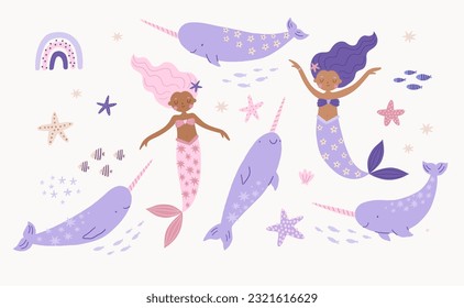 Cute cartoon magical mermaid and narwhal. Adorable fairytale, mythological underwater princesses. Flat cartoon colorful vector illustration.