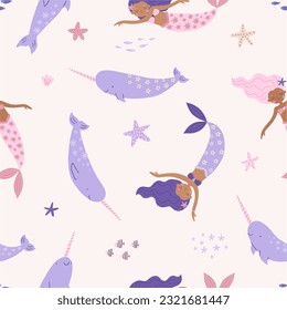 Cute cartoon magical mermaid and narwhal. Adorable fairytale, mythological underwater princesses. Flat cartoon colorful vector illustration. Seamless pattern