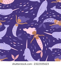 Cute cartoon magical mermaid and narwhal. Adorable fairytale, mythological underwater princesses. Flat cartoon colorful vector illustration. Seamless pattern